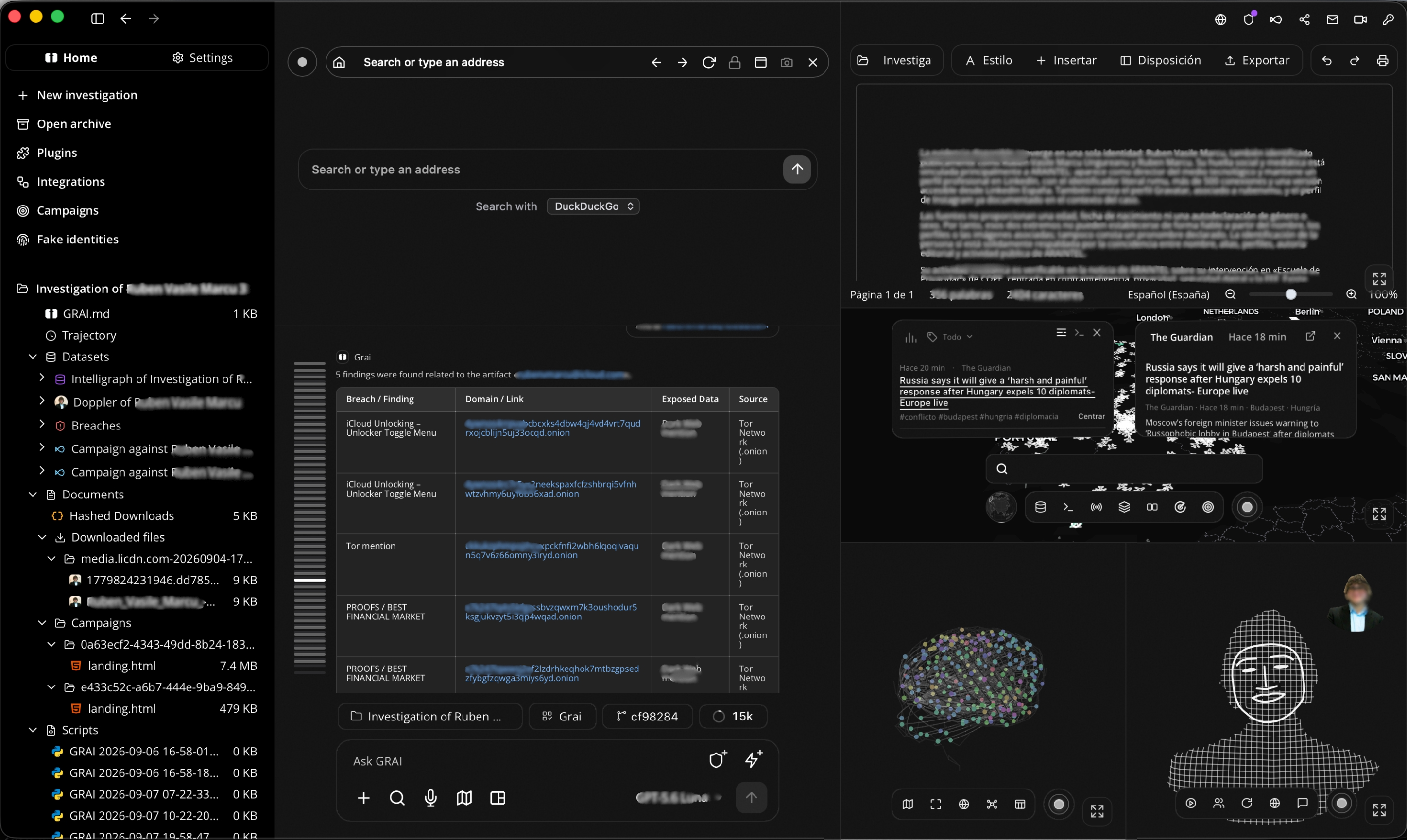 Engramite workspace with private research, Engramite Agent findings, a live map, an intelligence graph, a report and a Dopplers figure